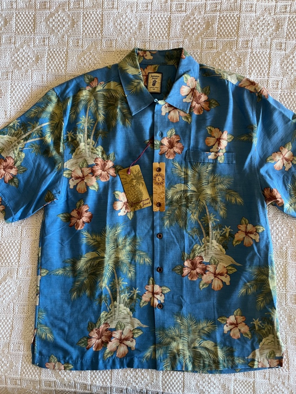 NWT Jamaica Jaxx 100% Silk Hibiscus Print Tropical Resort Shirt Marina Blue - L